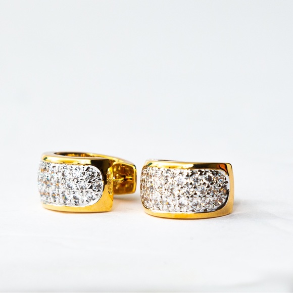 Quiet luxury huggie hoop gold tone earrings pave CZ minimalist by Brilliante - Picture 15 of 16